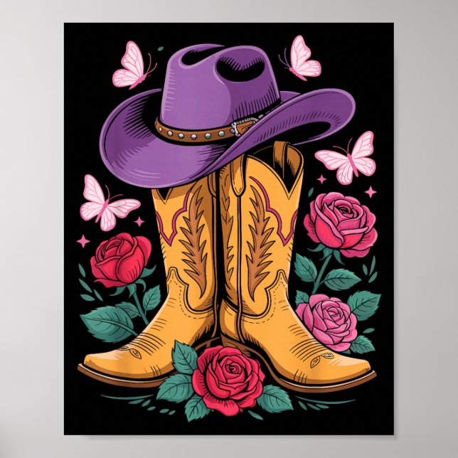 Cowgirl Western Cowboy Hat Boots With Roses Countr Poster (Framsidan)