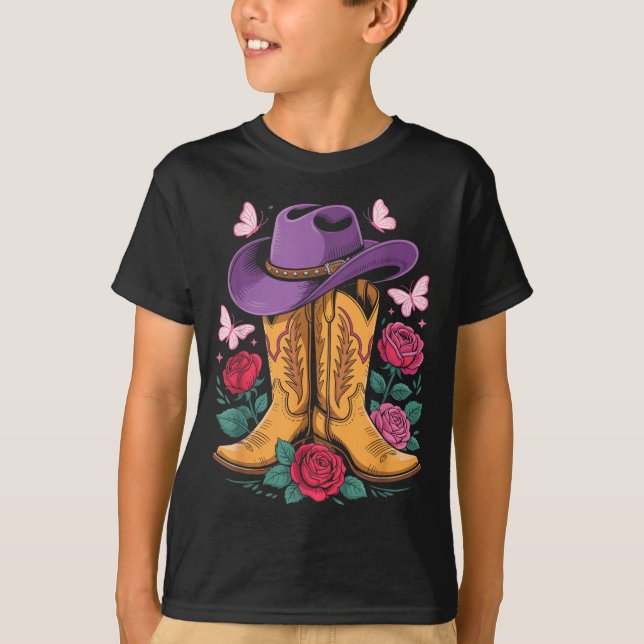 Cowgirl Western Cowboy Hat Boots With Roses Countr T Shirt (Framsida)