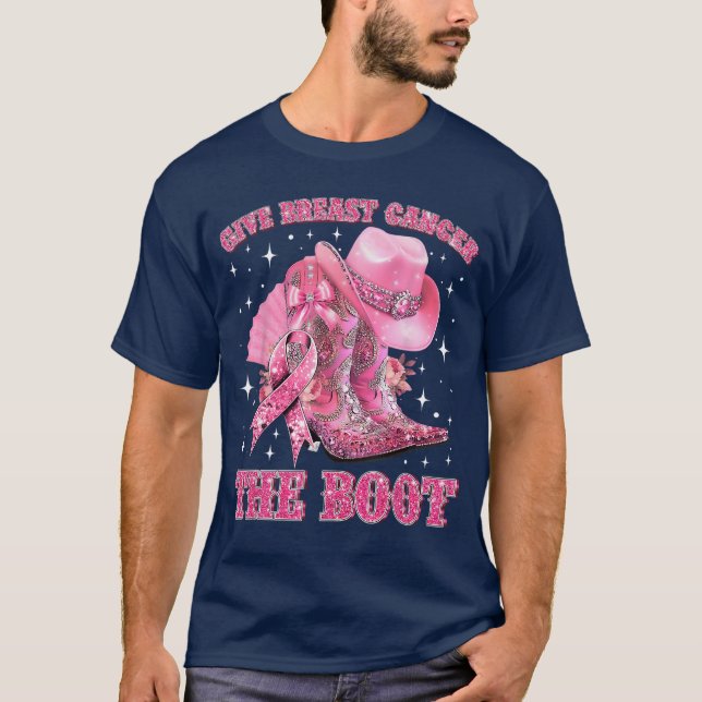 Cowgirl Western Give Breast Cancerhe Boot Pink Rib T Shirt (Framsida)