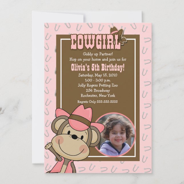 Cowgirl Western Monkey 5x7 *PHOTO* Birthday Inbjudningar (Framsida)