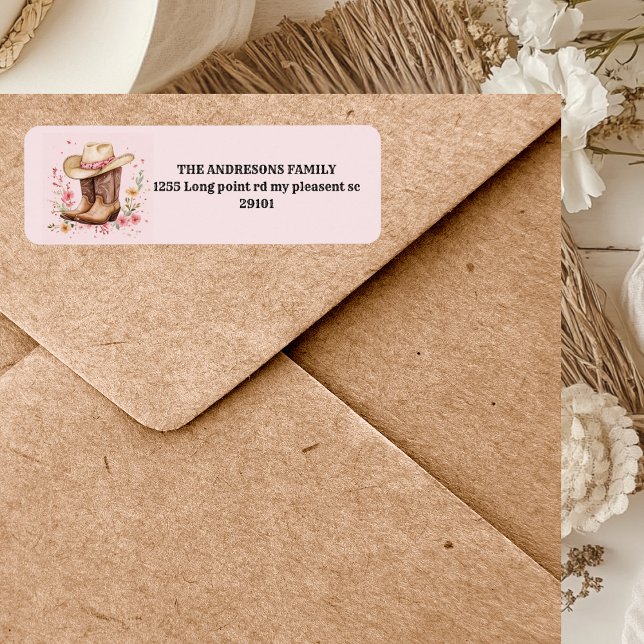 Cowgirl WildblommBash Birthday | Rosa Western Returadress Etikett (Skapare uppladdad)