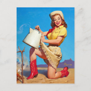 Cowgirl with Coffee Pin Up Vykort