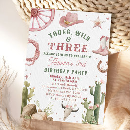Cowgirl Young Wild & Three Birthday Invitation  Inbjudningar