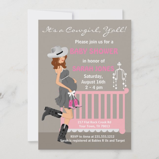 Cowgirlbaby showerinbjudningar - western brunett inbjudningar (Framsida)