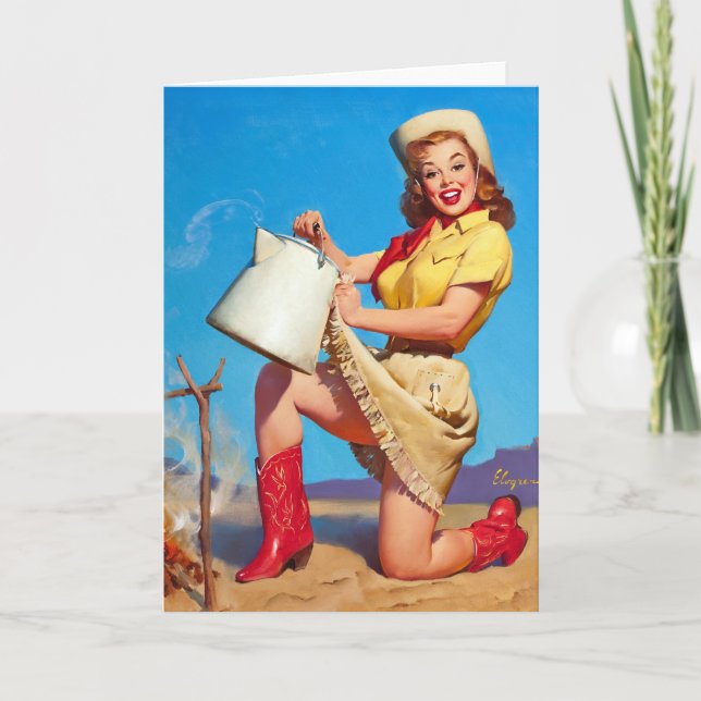Cowgirlen med kaffe klämmer fast upp kort (Framsida)