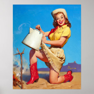 Cowgirlen med kaffe klämmer fast upp poster
