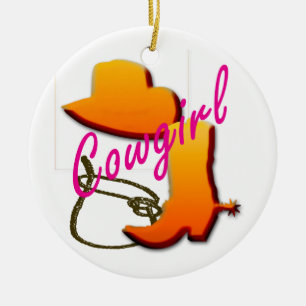 Cowgirltext med kängan, hatten och repdesign julgransprydnad keramik