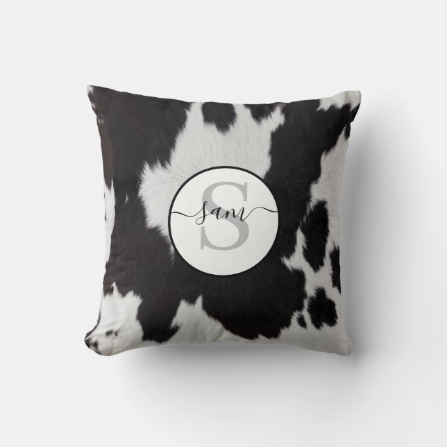 Cowhide Black White Monogram Kudde (Framsida)