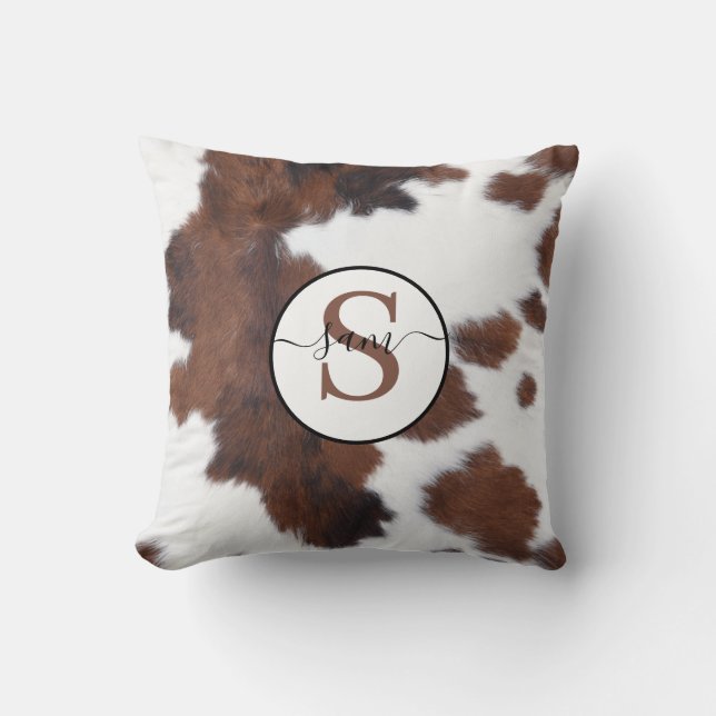 Cowhide Brown White Monogram Dekorativ kudde (Framsida)