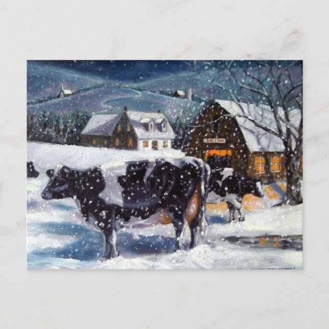COWS: CHRISTMAS: SNÖ: ART: HOLSTEIN HELG VYKORT (Framsida)