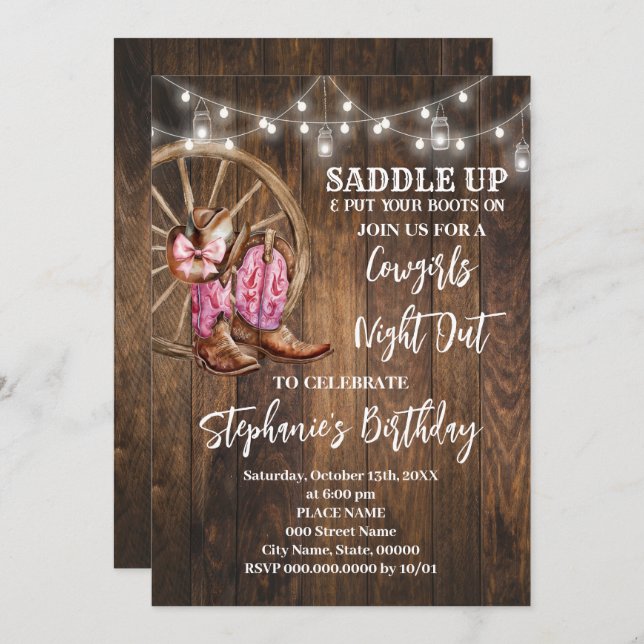 Cowtjejer Nattdag ut Rosa Westerna Land födelsedag Inbjudningar (Fram/baksida)