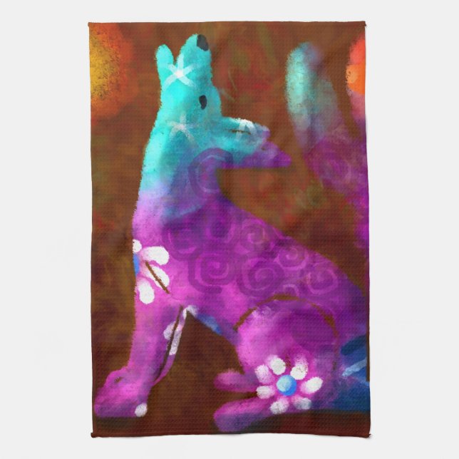 Coyote Abstrakt Art Saguaro Cactus Desert Brown Kökshandduk (Vertikal)