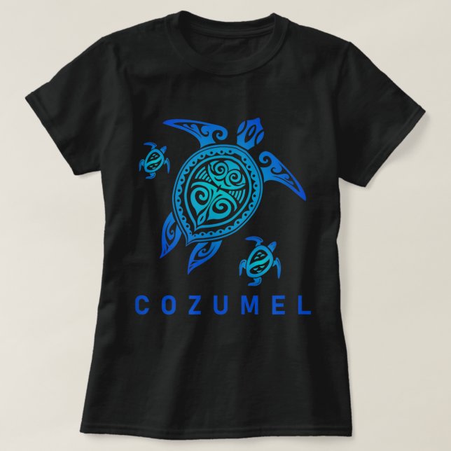 Cozumel Mexico Sea Blue Tribal Turtle T Shirt (Design framsida)