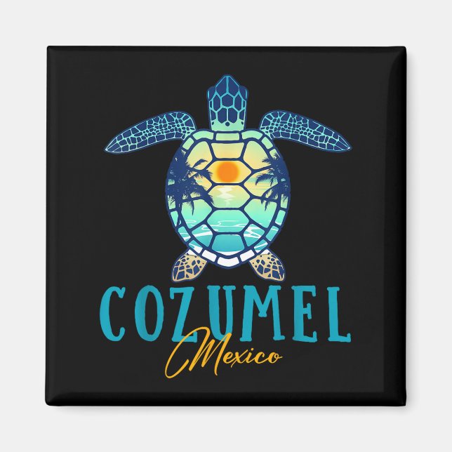Cozumel Mexico Sea Turtle Palm Tree Sunset Beach V Magnet (Framsidan)