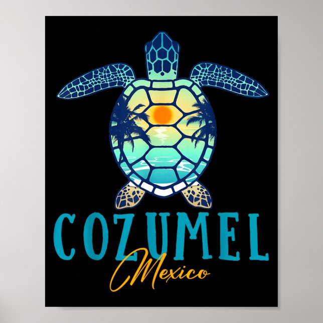 Cozumel Mexico Sea Turtle Palm Tree Sunset Beach V Poster (Framsidan)