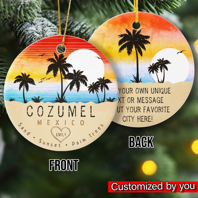 Cozumel Mexiko Retro Sunset Handflatan träd Souven Julgransprydnad Keramik (Skapare uppladdad)
