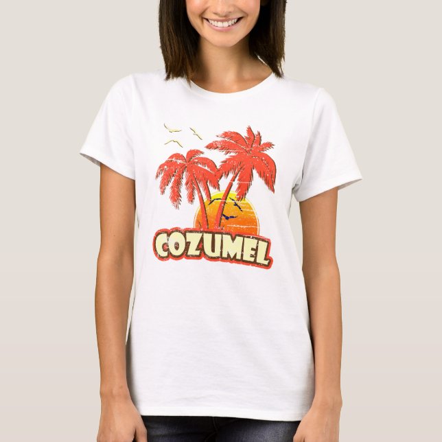 Cozumel Summer Handflatan Träd 80 s Beach Sunset T Shirt (Framsida)