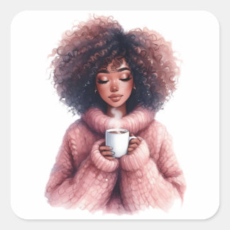 Cozy Afro Girl – Watercolor Winter sticker Fyrkantigt Klistermärke