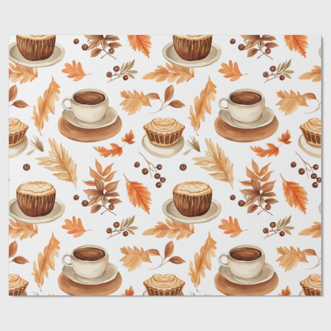 Cozy Autumn Coffee Cups and Leaves in Warm Earthy  Presentpapper (Platt)