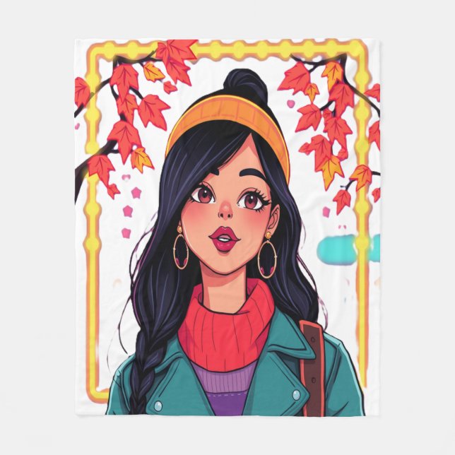 Cozy Autumn Girl Under the Leaves – Art Blanket Fleecefilt (Framsidan)