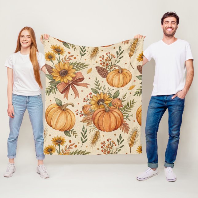 Cozy Autumn Pumpkin and Sunflower Pattern Fleecefilt (På plats)