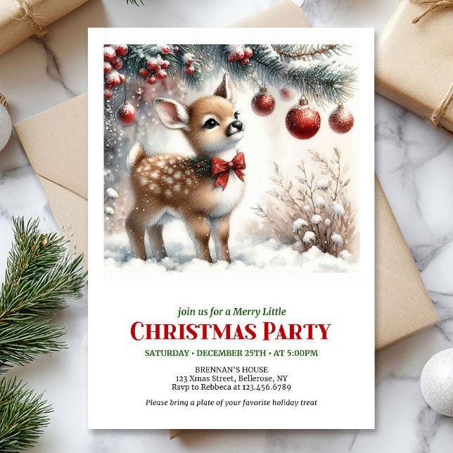 Cozy baby deer winter scene Christmas party invite Inbjudningar (Cozy baby deer winter scene Christmas party invitation)