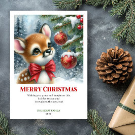 Cozy Baby Deer Winter Scene Watercolor Christmas Julkort