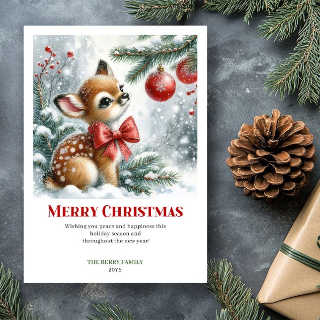 Cozy Baby Fawn Christmas Scene Watercolor Greeting Julkort (Cozy Baby Fawn Christmas Scene Watercolor Greeting Card

)