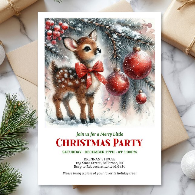Cozy baby fawn winter scene printable Christmas  Inbjudningar (Cozy baby fawn winter scene printable Christmas invite)