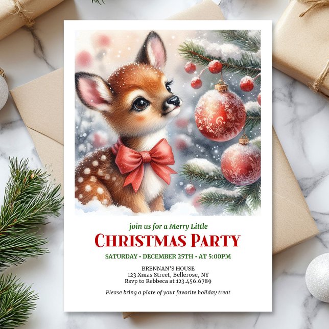 Cozy baby fawn wintery scene watercolor editable  inbjudningar (Minimalist baby deer snowy forest watercolor scene Christmas invitation

)