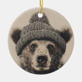 Cozy Bear in Beanie - Cute Winter Animal Julgransprydnad Keramik