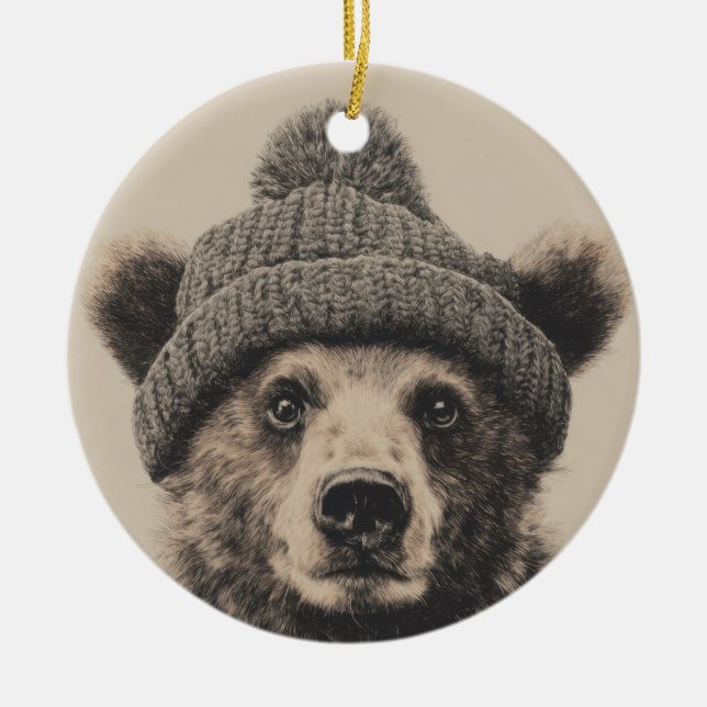 Cozy Bear in Beanie - Cute Winter Animal  Julgransprydnad Keramik (Framsidan)