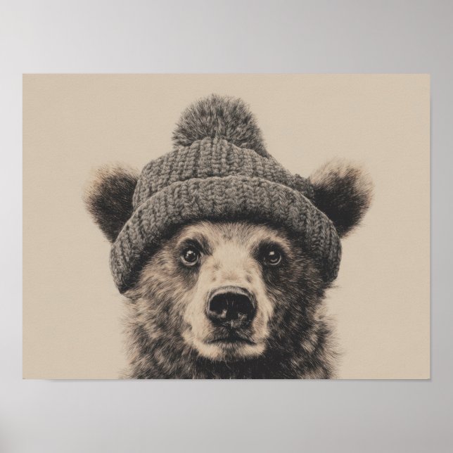 Cozy Bear in Beanie - Cute Winter Animal  Poster (Framsidan)