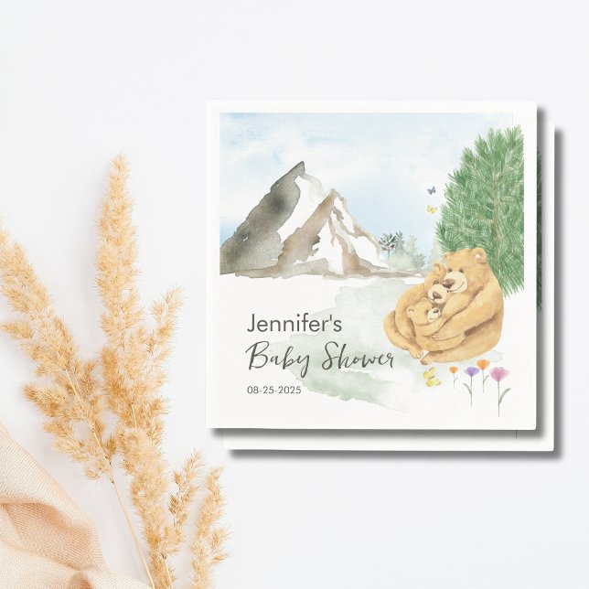 Cozy Beige Mountain Watercolor Bear Family  Pappersservett (Skapare uppladdad)