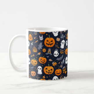 Cozy Black Background Ghost & Pumpkin All-Over Pat Kaffemugg