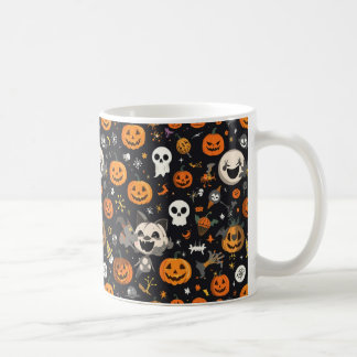 Cozy Black Background Ghost & Pumpkin All-Over Pat Kaffemugg