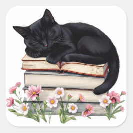 Cozy Black Cat Sleeping on Books Sticker Fyrkantigt Klistermärke