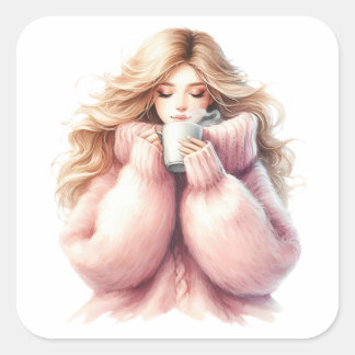 Cozy Blonde Girl – Watercolor Winter Sticker Fyrkantigt Klistermärke