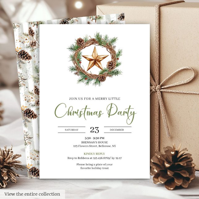 Cozy Bohemian Pine Wreath Minimalist Christmas  Inbjudningar (Cozy Bohemian Pine Wreath Minimalist Christmas Invite)