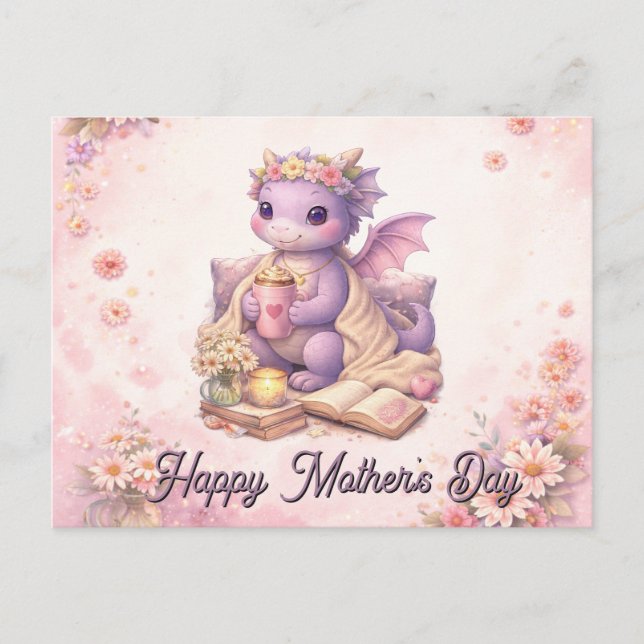 Cozy Bookish Mom Dragon Coffee Postcard Vykort (Framsida)