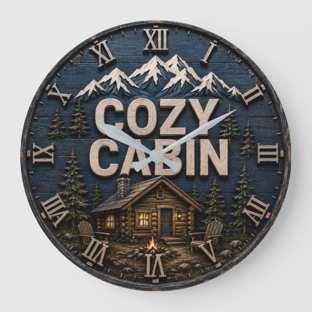 Cozy Cabin Rustic Mountain Log Cabin Lodge Stor Klocka (Framsida)