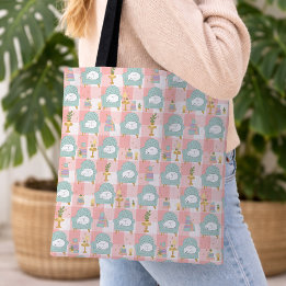 Cozy Cat & Book Girl Pastel Mint Green Pink Tygkasse
