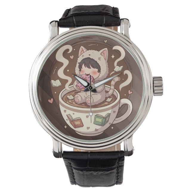 Cozy Cat Coffee Adventure Art Armbandsur (Framsida)