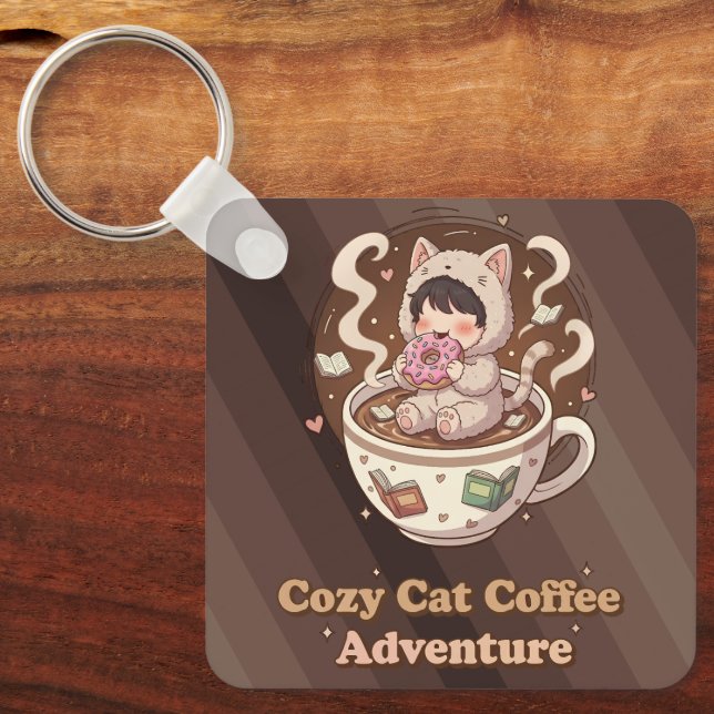 Cozy Cat Coffee Adventure Art Nyckelring (Framsida)