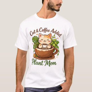 Cozy Cat Coffee and Plants Artwork T Shirt