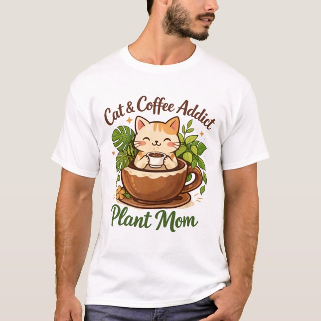 Cozy Cat Coffee and Plants Artwork T Shirt (Framsida)