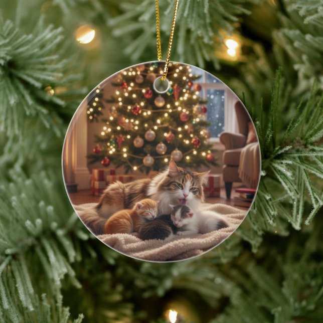 Cozy Cat Family Christmas Tree - Mama & Kitten Julgransprydnad Keramik (Träd)