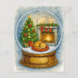 Cozy Cat Fireplace Christmas Snow Globe Postcard Helg Vykort