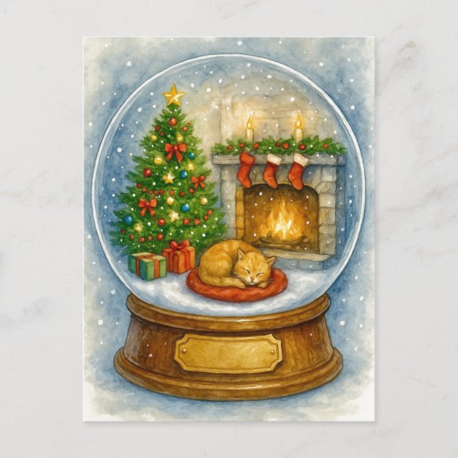 Cozy Cat Fireplace Christmas Snow Globe Postcard Helg Vykort (Framsida)