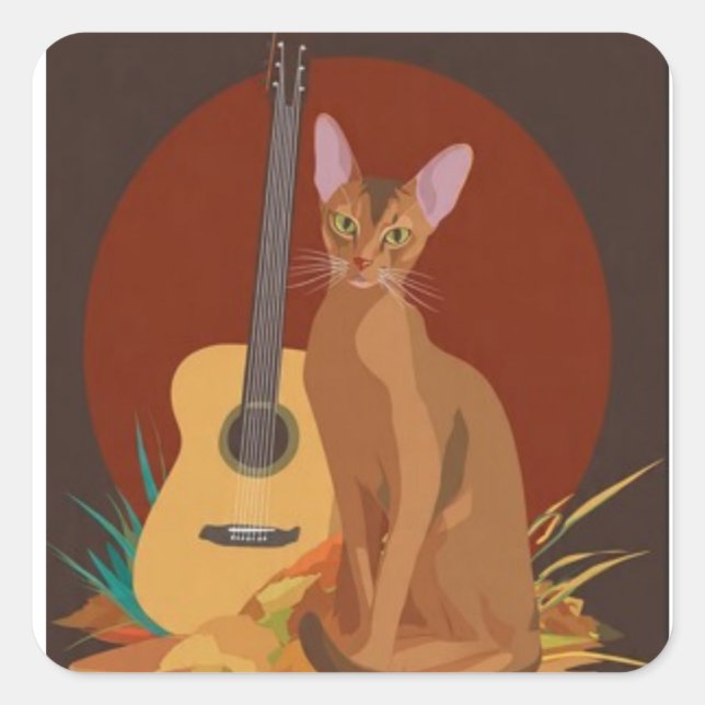 Cozy Cat & Guitar Sticker Fyrkantigt Klistermärke (Framsida)